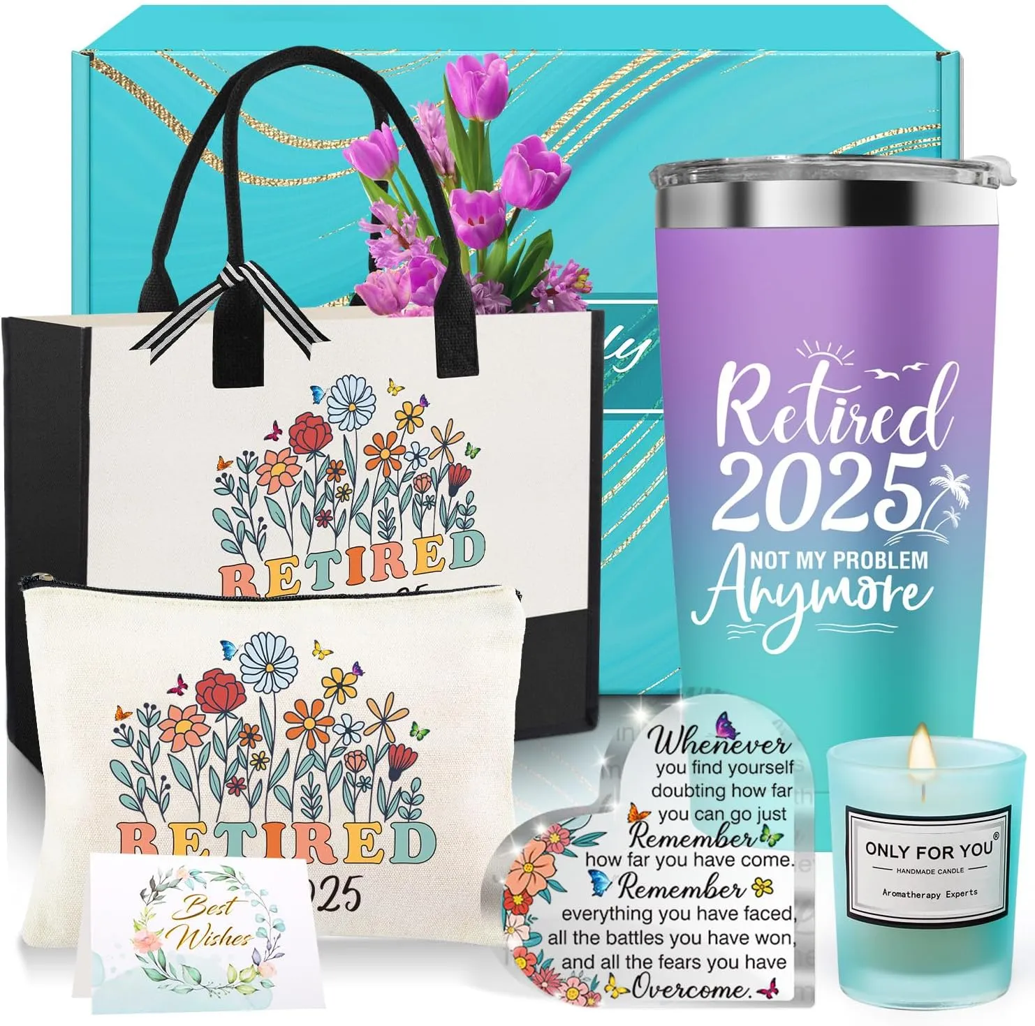 Retirement Gifts for Women 2025, Best Happy Retirement Gift for Teacher Nurse Mom Coworker Grandma, Funny Retired Gifts with 20 Oz Tumbler Canvas Tote Bag Candle Makeup Bag Acrylic Decor