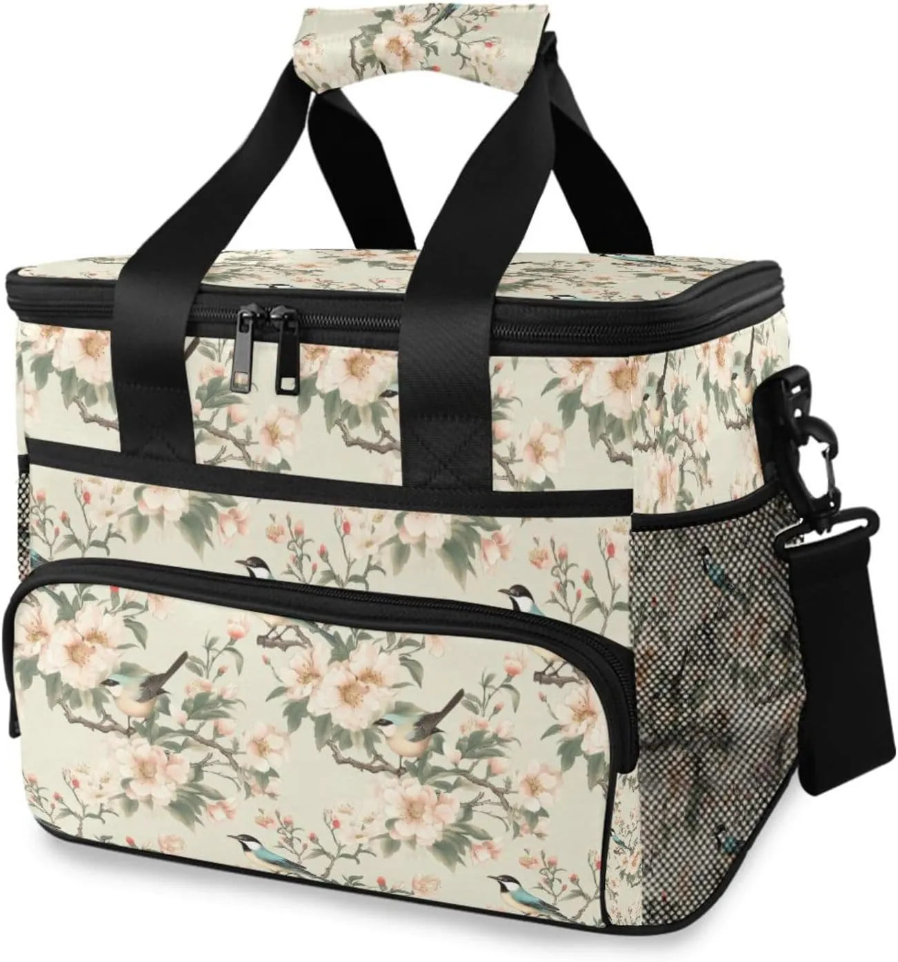 Retro Hibiscus Flower Bird Pattern Cooler Bag Insulated Cooler Soft Sided Cooler 24 Can Portable Picnic Bag Large Leakproof Lunch Bag Box for Beach Grocery Camping Travel Car Men Women