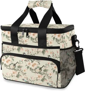 Retro Hibiscus Flower Bird Pattern Cooler Bag Insulated Cooler Soft Sided Cooler 24 Can Portable Picnic Bag Large Leakproof Lunch Bag Box for Beach Grocery Camping Travel Car Men Women