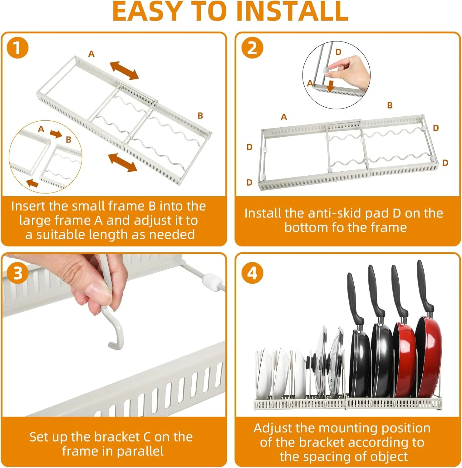 ROOHUA Pot Rack - Expandable Pot & Pan Organizer for Cabinet, 10 Adjustable Compartments (Apricot, 10)