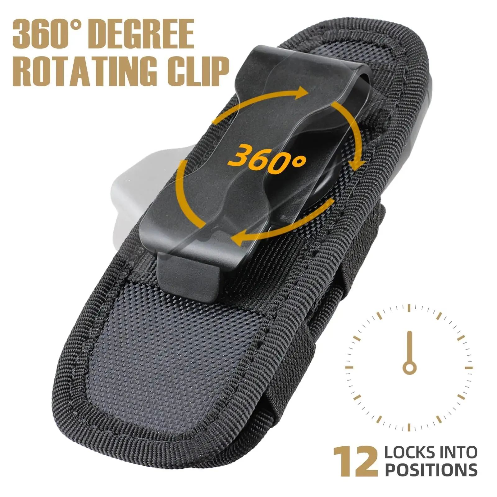 Rotatable Tactical Flashlight Pouch Holster with 360 Degree Carabiner Reel Clip - Belt Carry Case