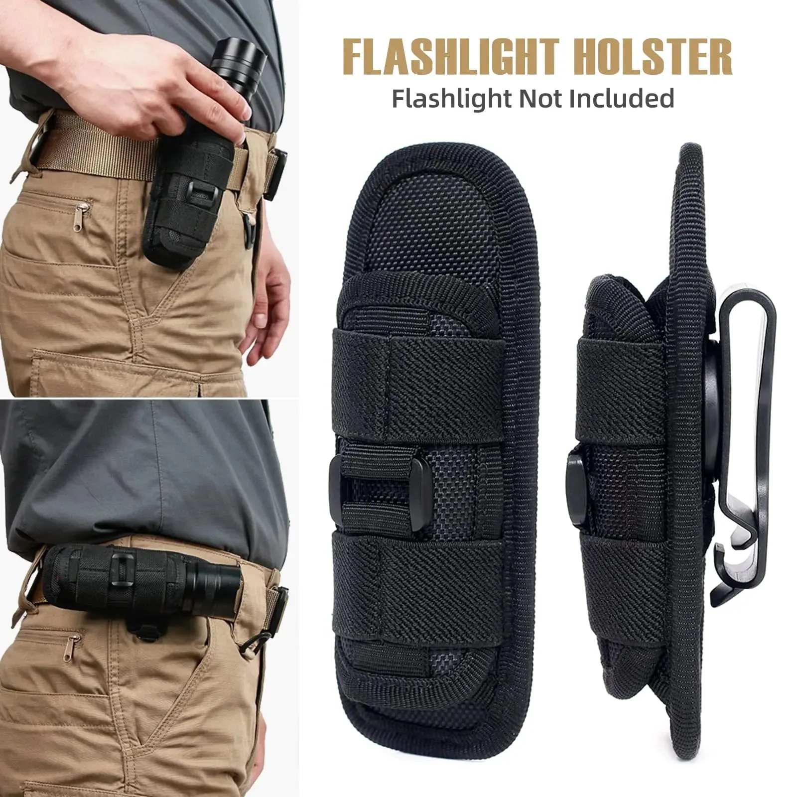 Rotatable Tactical Flashlight Pouch Holster with 360 Degree Carabiner Reel Clip - Belt Carry Case