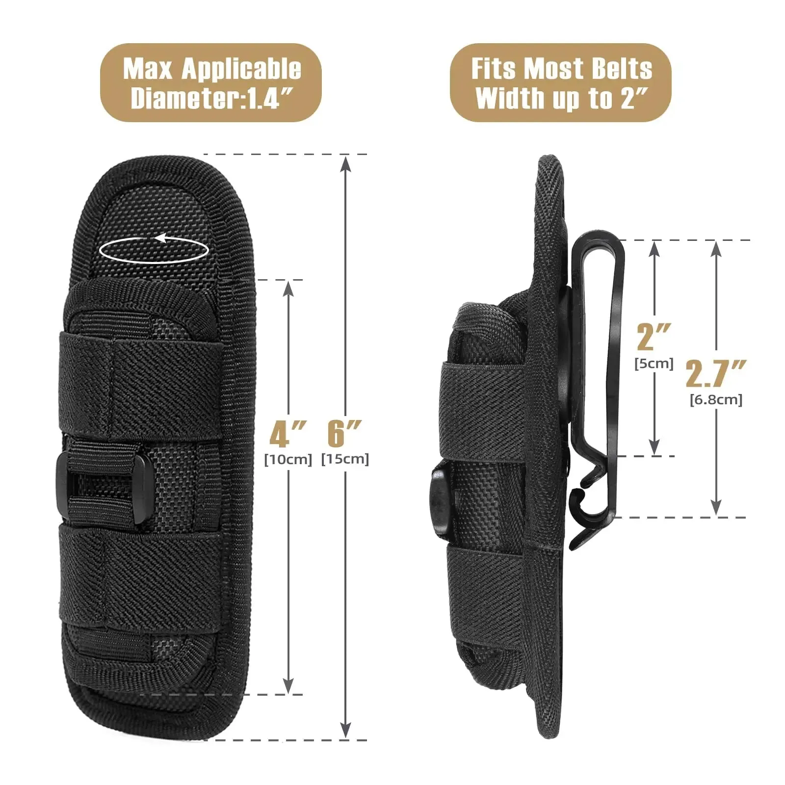 Rotatable Tactical Flashlight Pouch Holster with 360 Degree Carabiner Reel Clip - Belt Carry Case