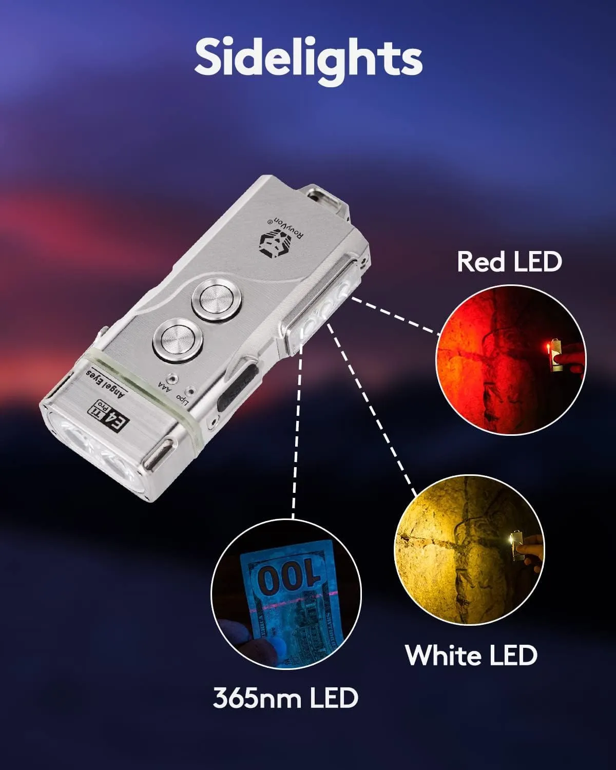 RovyVon E4 Pro Titanium EDC Flashlight USB C Rechargeable, 700lumens 6500K Cool White Super Bright Keychain Flashlight, Supports AAA Battery Gadgets for Daily Carry Use (365nm U/Red/White Sidelights)