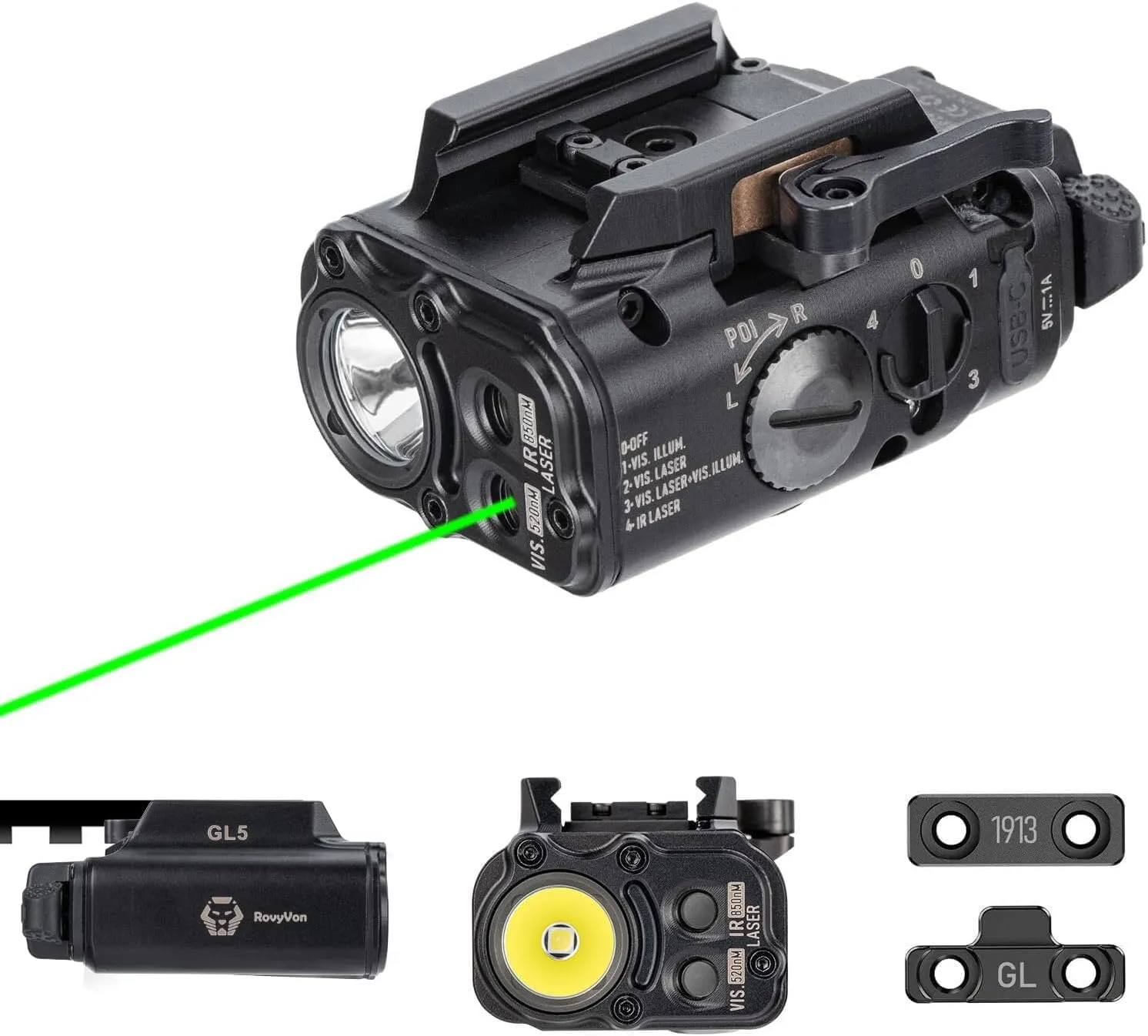 RovyVon GL5 1000 Lumens USB-C Rechargeable Weaponlight, White LED/Green Beam/IR Beam 3 in 1 Combo Tactical Flashlight with 1913 or GL Rail Mount