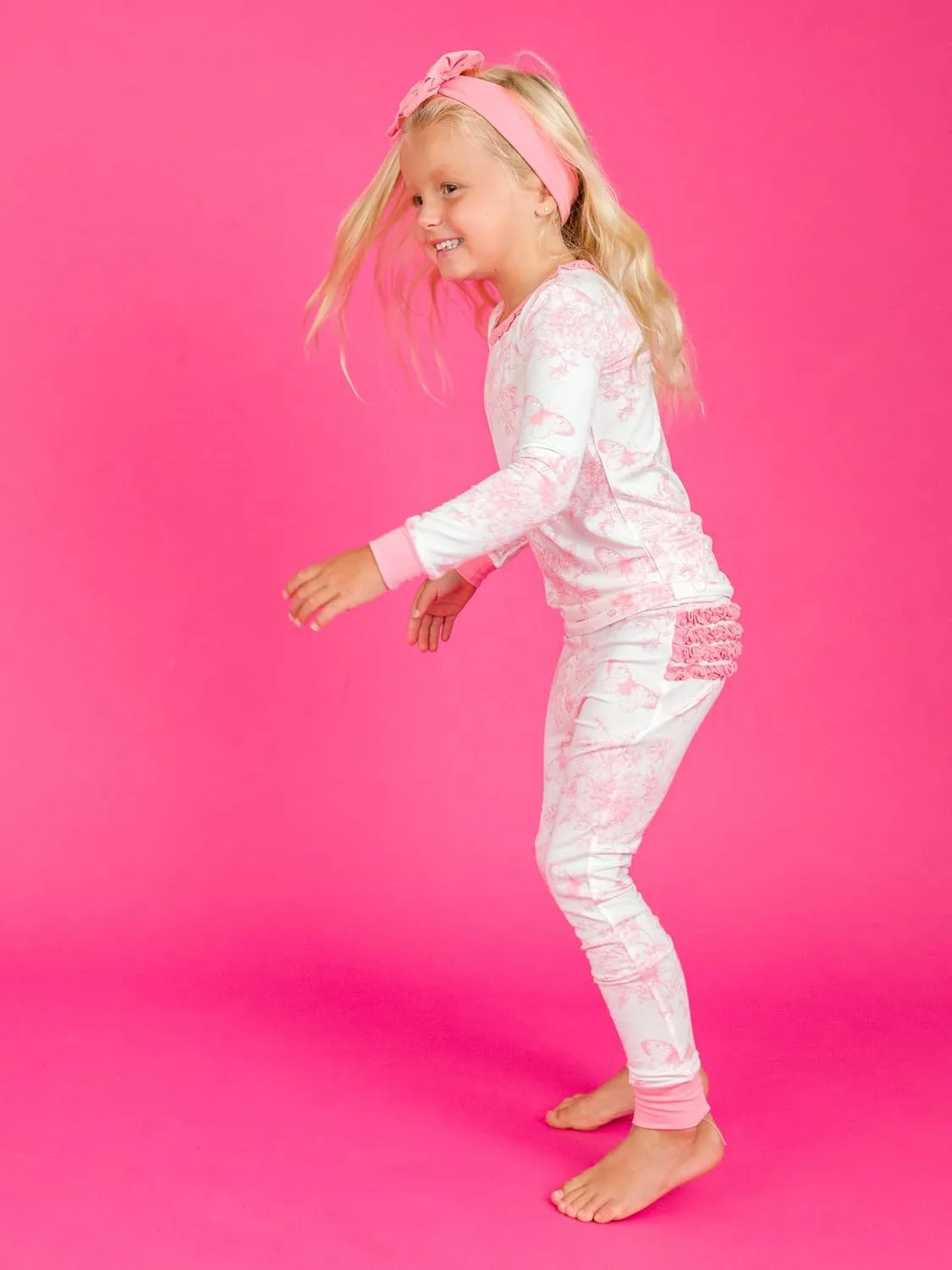 RuffleButts SoftSnooze™ Viscose from Bamboo Toddler/Big Girls Ruffle Long Sleeve Pajama Set