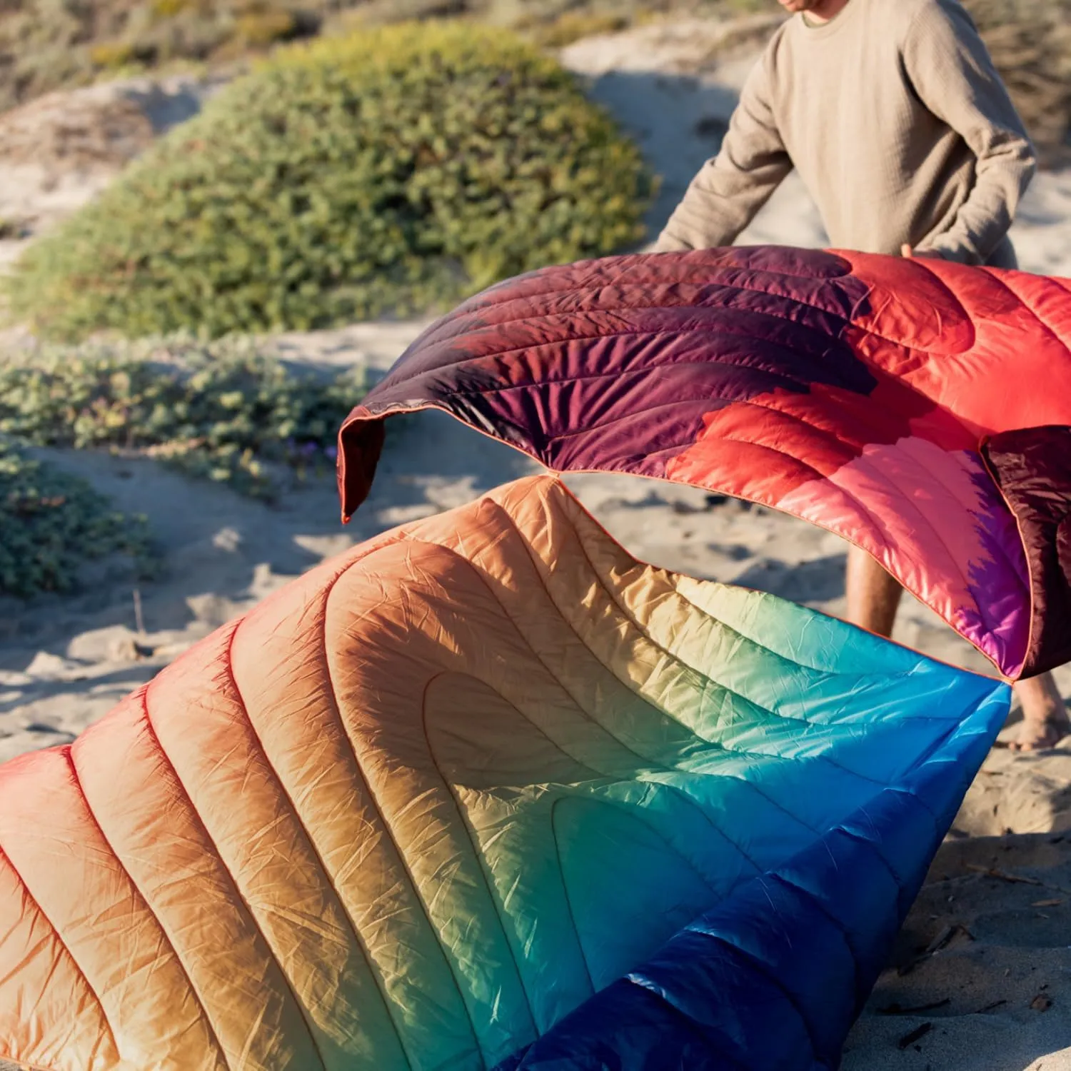 Rumpl Original Puffy Blanket - Warm Puffy Camping Blanket, 100% Recycled Polyester Insulation, Lightweight, Packable, Water-Resistant, Outdoor Puffer Blanket, 84"x80", Cascade Fade
