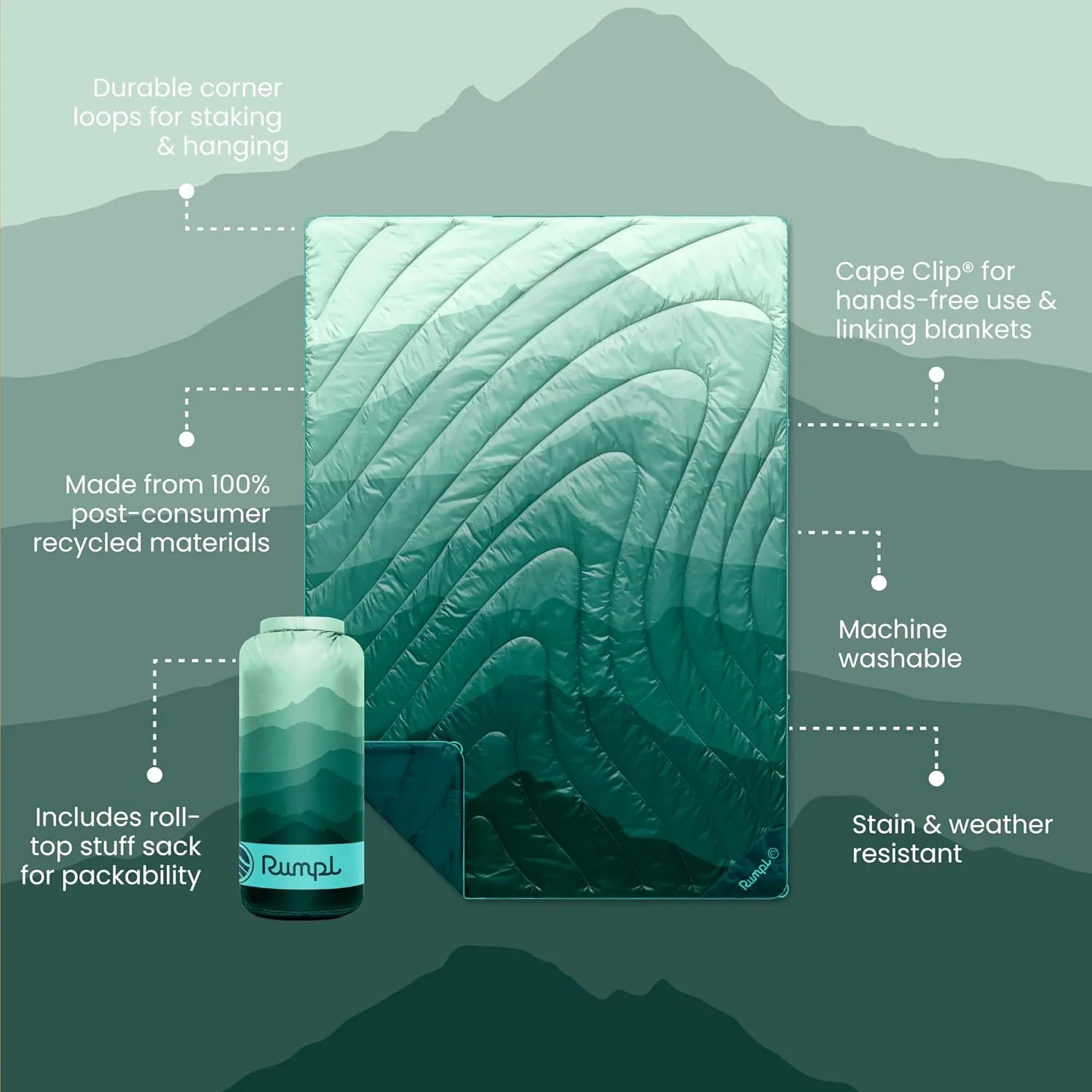 Rumpl Original Puffy Blanket - Warm Puffy Camping Blanket, 100% Recycled Polyester Insulation, Lightweight, Packable, Water-Resistant, Outdoor Puffer Blanket, 84"x80", Cascade Fade