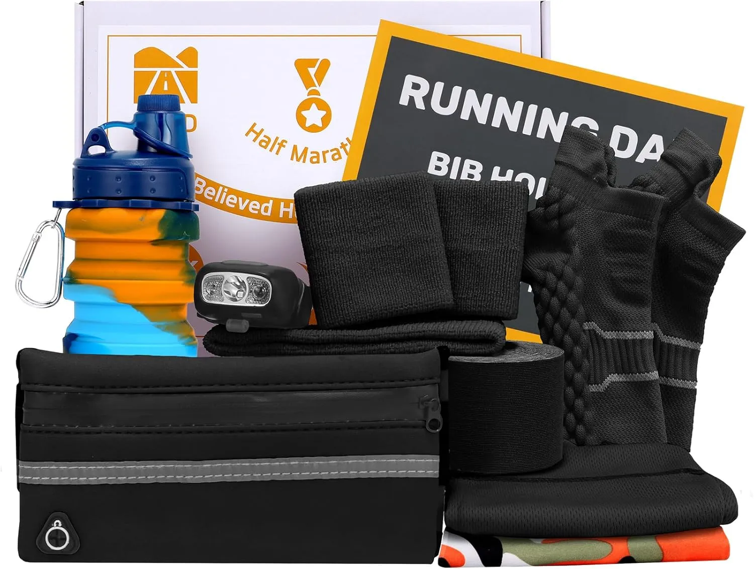 Running Gift Box - 13 Runner Essentials Kit with Running Belt Headlamp Kinesiology Tape Folding Water Cup & More, Marathon Training Night Running Outdoor, Fitness & Trail Running Gift for Men Women