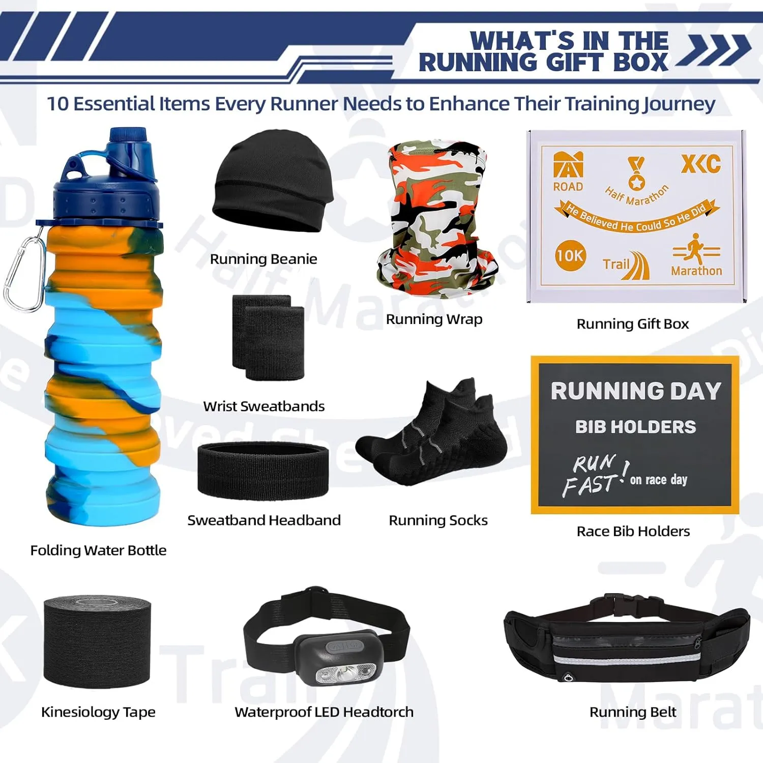 Running Gift Box - 13 Runner Essentials Kit with Running Belt Headlamp Kinesiology Tape Folding Water Cup & More, Marathon Training Night Running Outdoor, Fitness & Trail Running Gift for Men Women