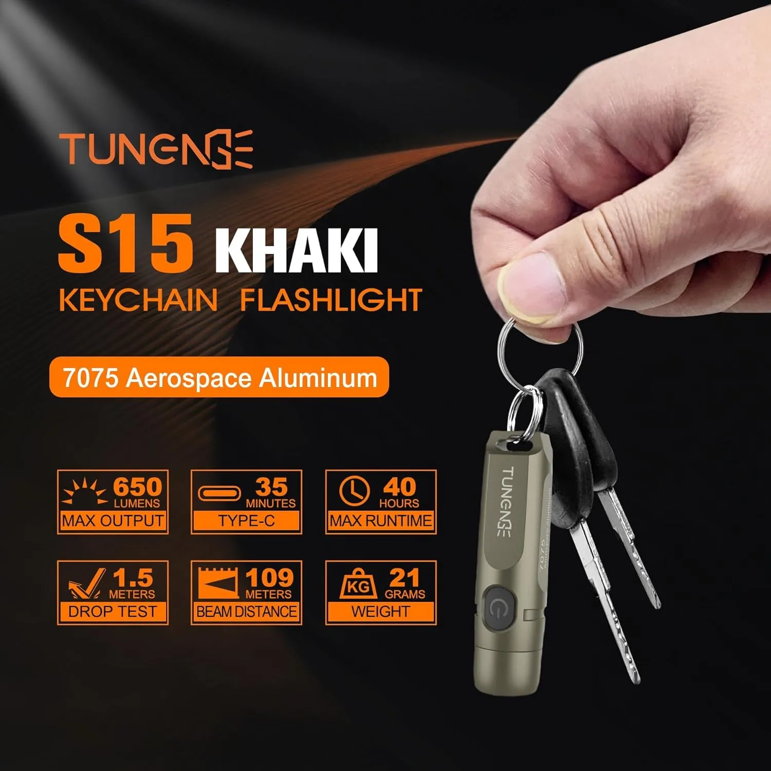S15 Rechargeable Keychain Flashlight,650 High Lumen EDC Flashlight,Super Bright LED Mini Flashlight Be Suitable for Camping, Hiking,Outdoor Activities,Emergency（Khaki 6500K）