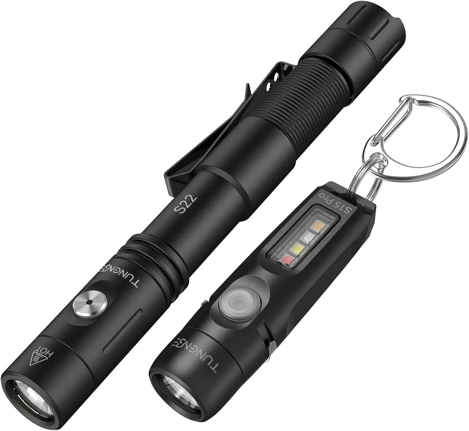 S15Pro Rechargeable Keychain Light, 750 Lumens Mini Flashlight and S22 1200 Lumen Dual Mode Tactical Flashlight, COB Light with 365nmUV-11 Lighting Mode