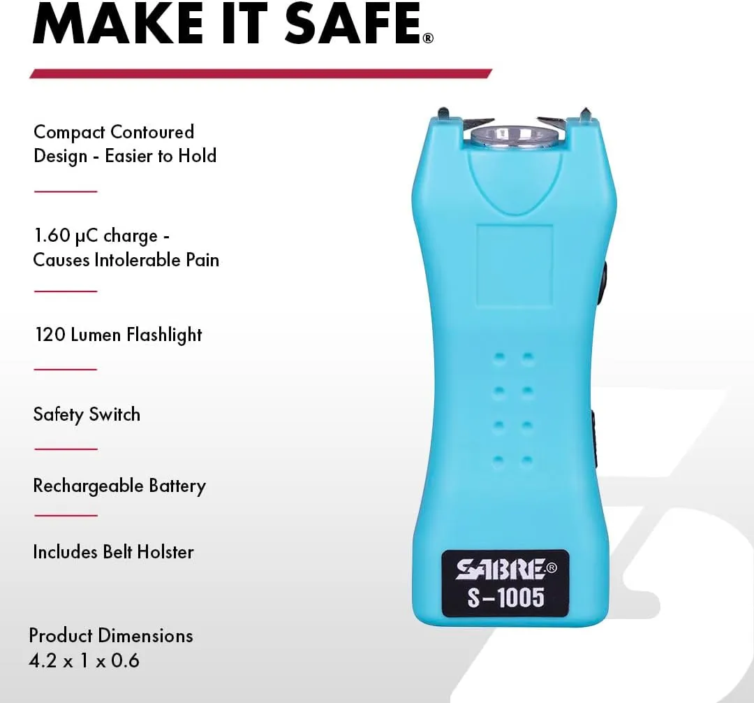 SABRE 2-in-1 Stun Gun and Flashlight and Belt Holster, Emits 1.60 Powerful Pain Inducing Microcoulombs (µC) Charge, 120 Lumen LED Flashlight, Rubberized Grip, Compact Design, Rechargeable