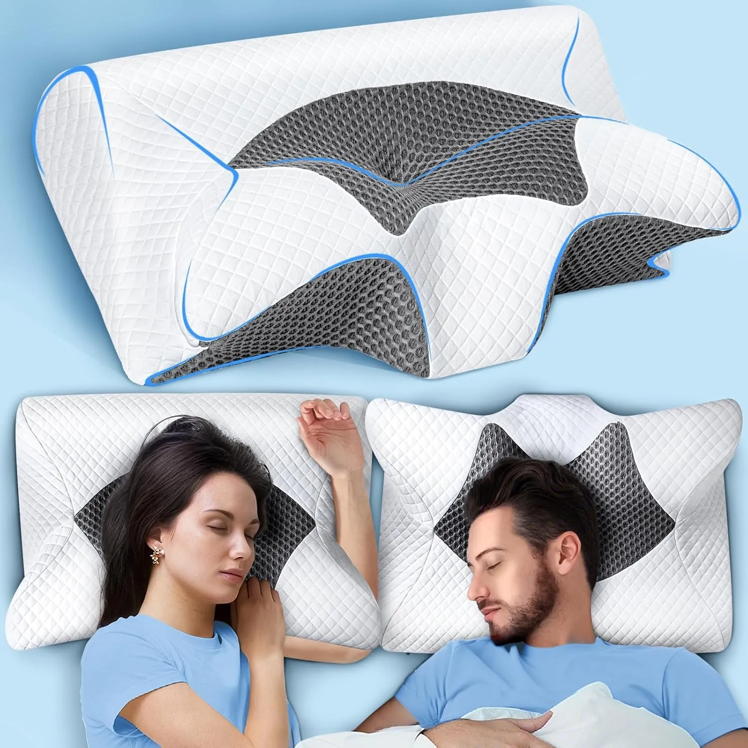 SAHEYER Cervical Neck Pillow, Memory Foam Pillow for Neck Pain Relief and Snoring, Ergonomic Pillow for Side Sleeper, 2 in 1 Orthopedic Pillow for Back and Stomach Sleeper, Grey