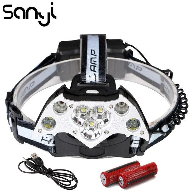 SANYI 3*T6 2*XPE Headlight 5 Modes Flashlight Forehead USB Rechargeable 18650 Battery Camping Light Portable Lantern 23000LM