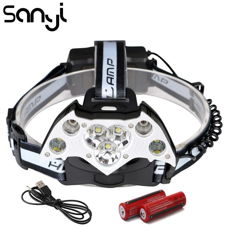 SANYI 3*T6 2*XPE Headlight 5 Modes Flashlight Forehead USB Rechargeable 18650 Battery Camping Light Portable Lantern 23000LM