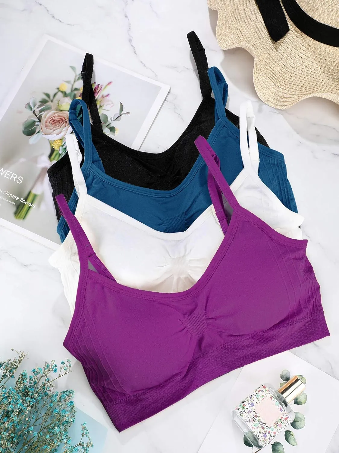 SATINIOR 4 Pieces Bralette Neck Cami Bra Wireless Tank Top Sports Bra for Women