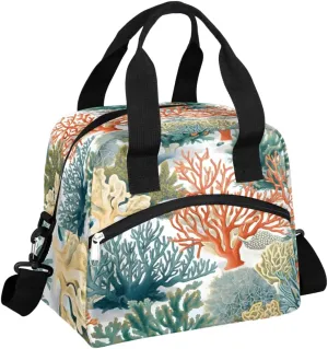 Sea Color Coral Insulated Lunch Bag with Detachable Shoulder Strap & Carry Handle Reusable Eco-friendly Cooler Bag Tote Bag Picnic Box for Kids Men Women