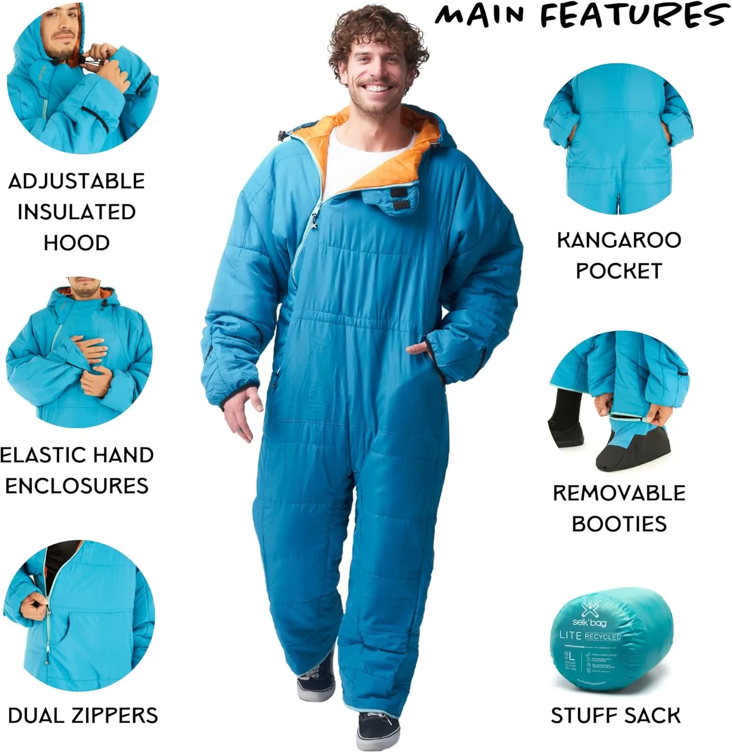Selk'bag Lite Wearable Sleeping Bag - Outdoor and Indoor Sleeping Bags for Camping, Hiking, Travel, and Backpacking w/ Stuff Sack - Lightweight Sleeping Bag Suit - Temp Rating 48-55 degrees F