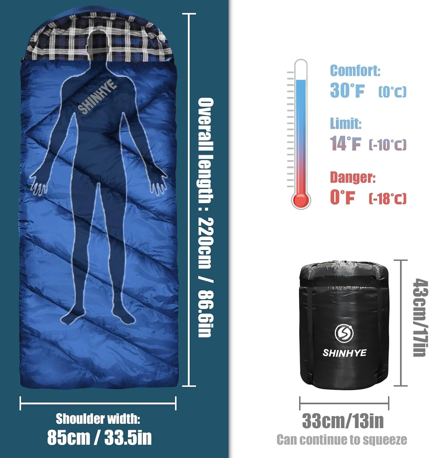 ShinHye 0 Degree Sleeping Bag for Adults - Cotton Flannel 4 Season Cold Weather Winter, XXL Big and Tall Camping Sleeping Bag with Compression Sack