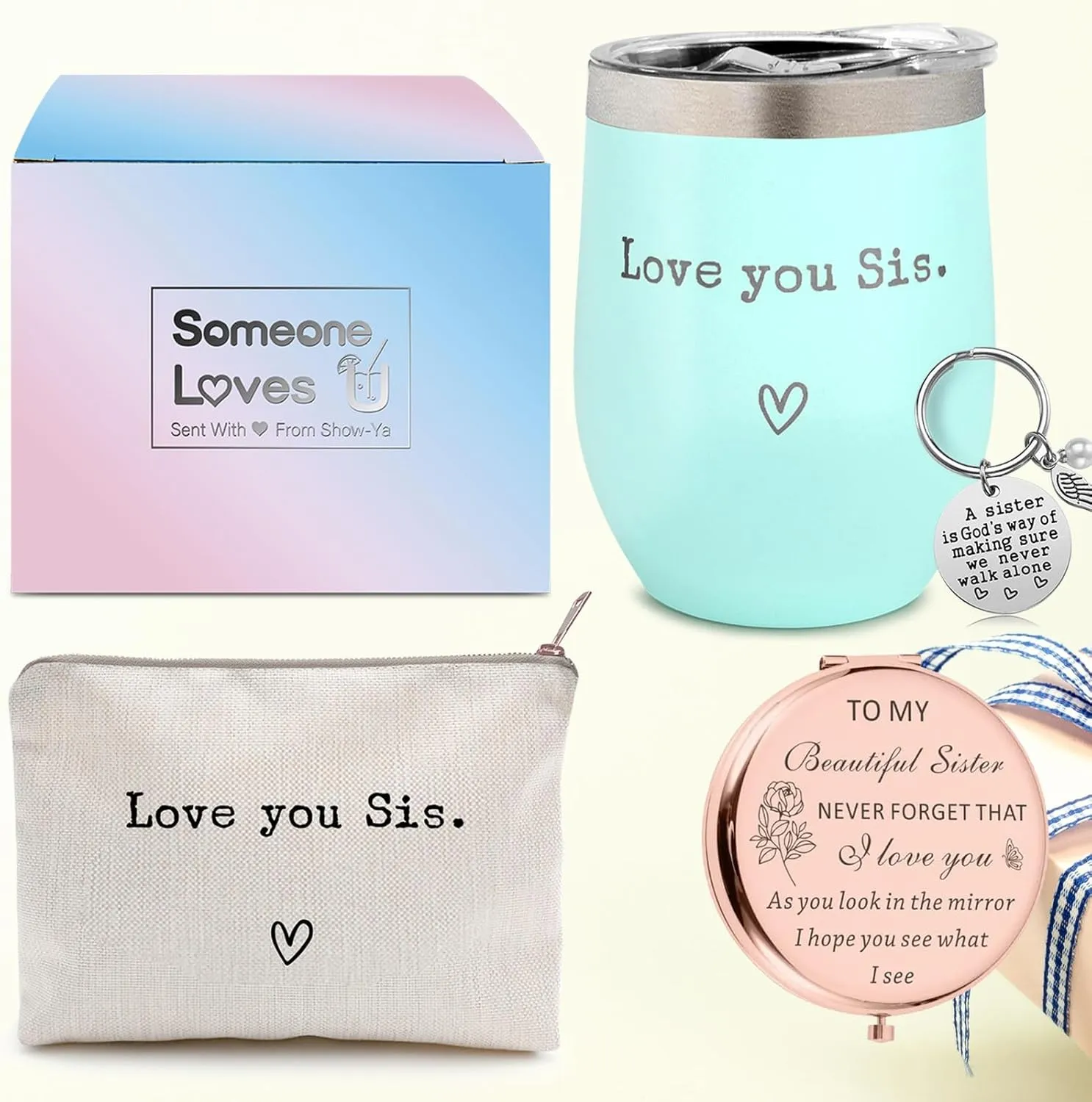 SHOW-YA Sister Gift Cup - Mint, Pink, Silver - Stainless Steel Tumbler - 12 oz - Insulated - Engraved - Reusable - Birthday, Christmas or Graduation Gift for Sister