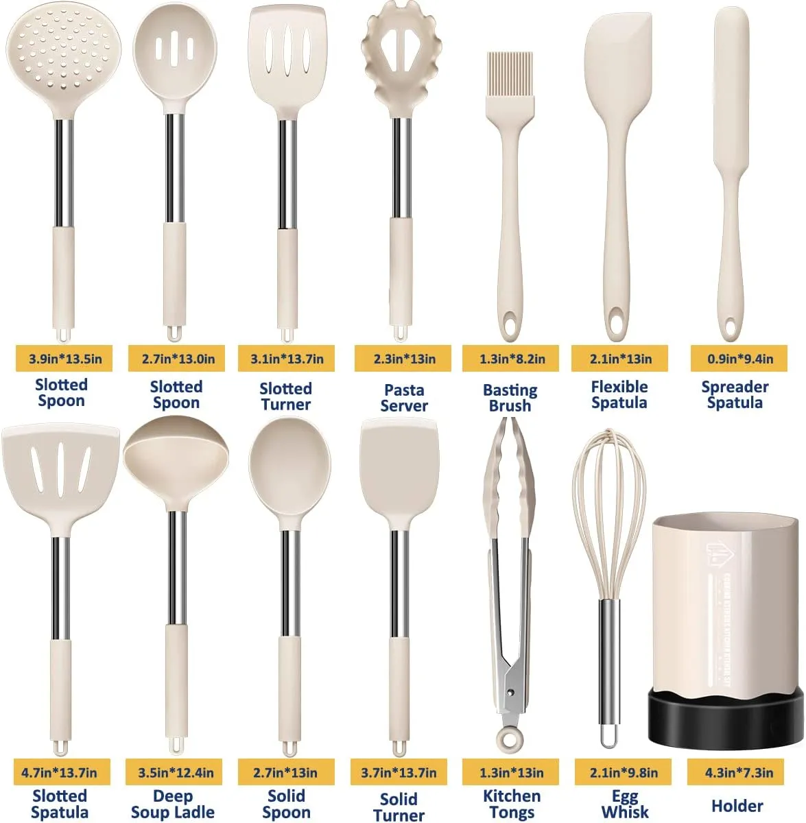 Silicone Cooking Utensil Set, Fungun Non-stick Kitchen Utensil 24 Pcs Cooking Utensils Set, Heat Resistant Cookware, Silicone Kitchen Tools Gift with Stainless Steel Handle (Khaki-24pcs) …