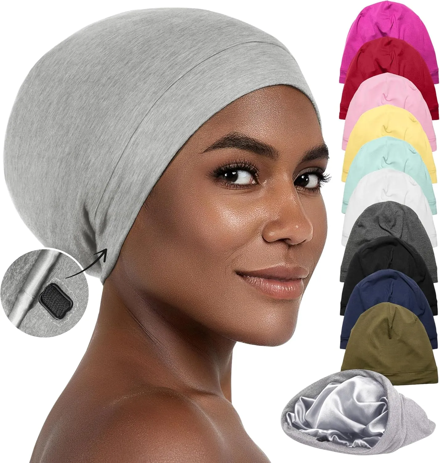 Silk Satin Bonnet Hair Cover Sleep Cap for Sleeping Beanie Hat Adjustable Stay On Headwear Lined Natural Nurse Cap for Women