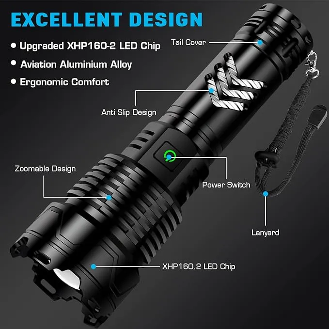 Sinvimes Rechargeable Flashlights High Lumens, 990000LM XHP160.8 Powerful Tactical Flashlight with Zoomable & 6 Modes & IPX7 Waterproof, Super Bright Flashlight for Camping, Hiking, Emergencies