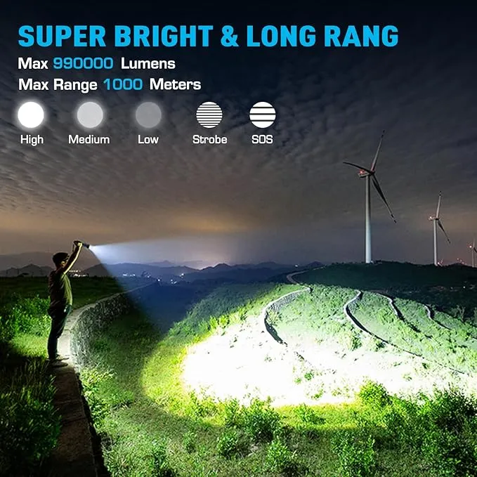 Sinvimes Rechargeable Flashlights High Lumens, 990000LM XHP160.8 Powerful Tactical Flashlight with Zoomable & 6 Modes & IPX7 Waterproof, Super Bright Flashlight for Camping, Hiking, Emergencies