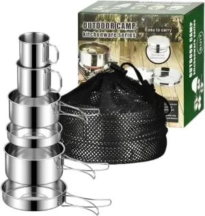 Six-Piece Outdoor Camping Pot Set, Multi-Function Frying Pan, 304 Stainless Steel Cooking Pot, Suitable for Outdoor Camping Family Picnic