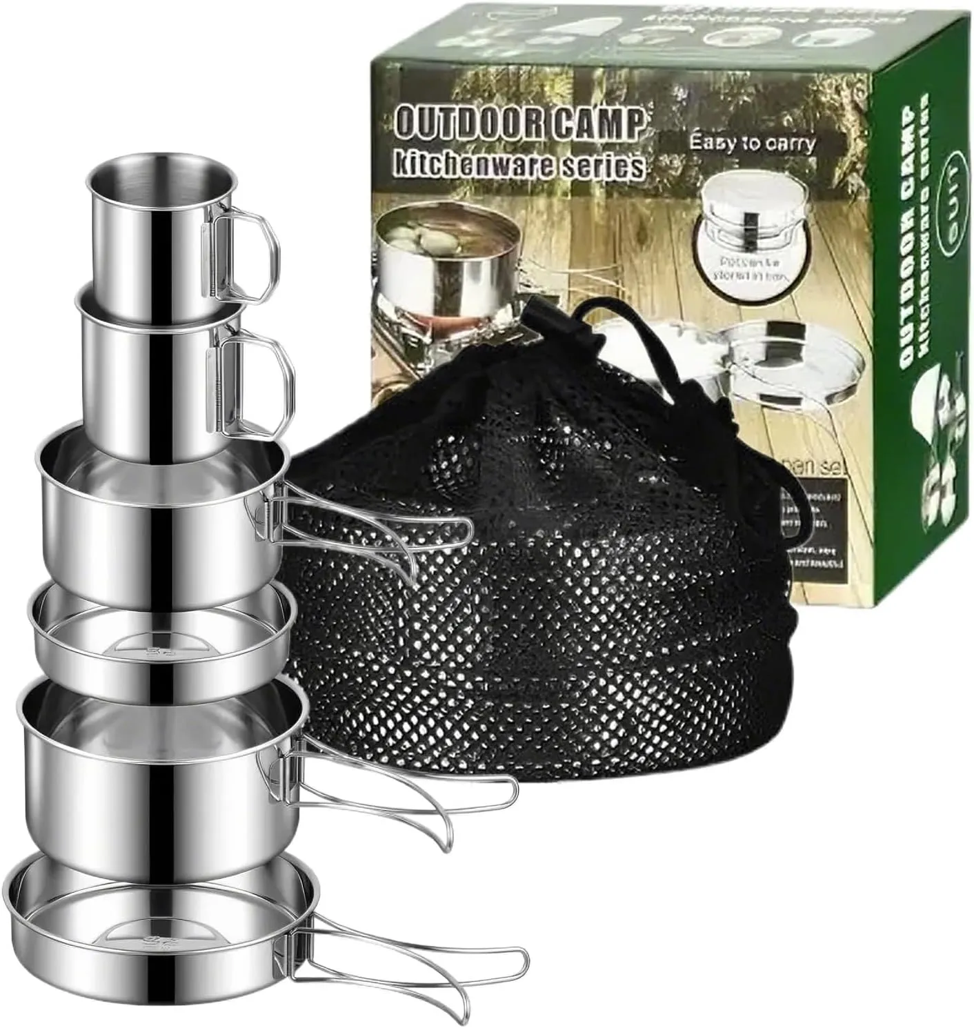 Six-Piece Outdoor Camping Pot Set, Multi-Function Frying Pan, 304 Stainless Steel Cooking Pot, Suitable for Outdoor Camping Family Picnic