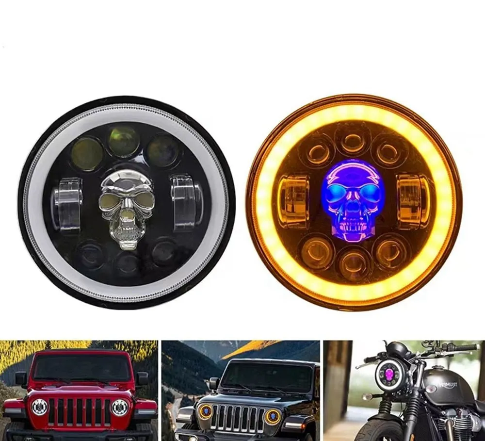 Skull LED Headlights - 7 Inch Headlamp Waterproof for Motorcycle/SUV