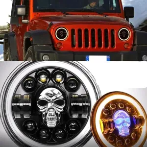 Skull LED Headlights - 7 Inch Headlamp Waterproof for Motorcycle/SUV