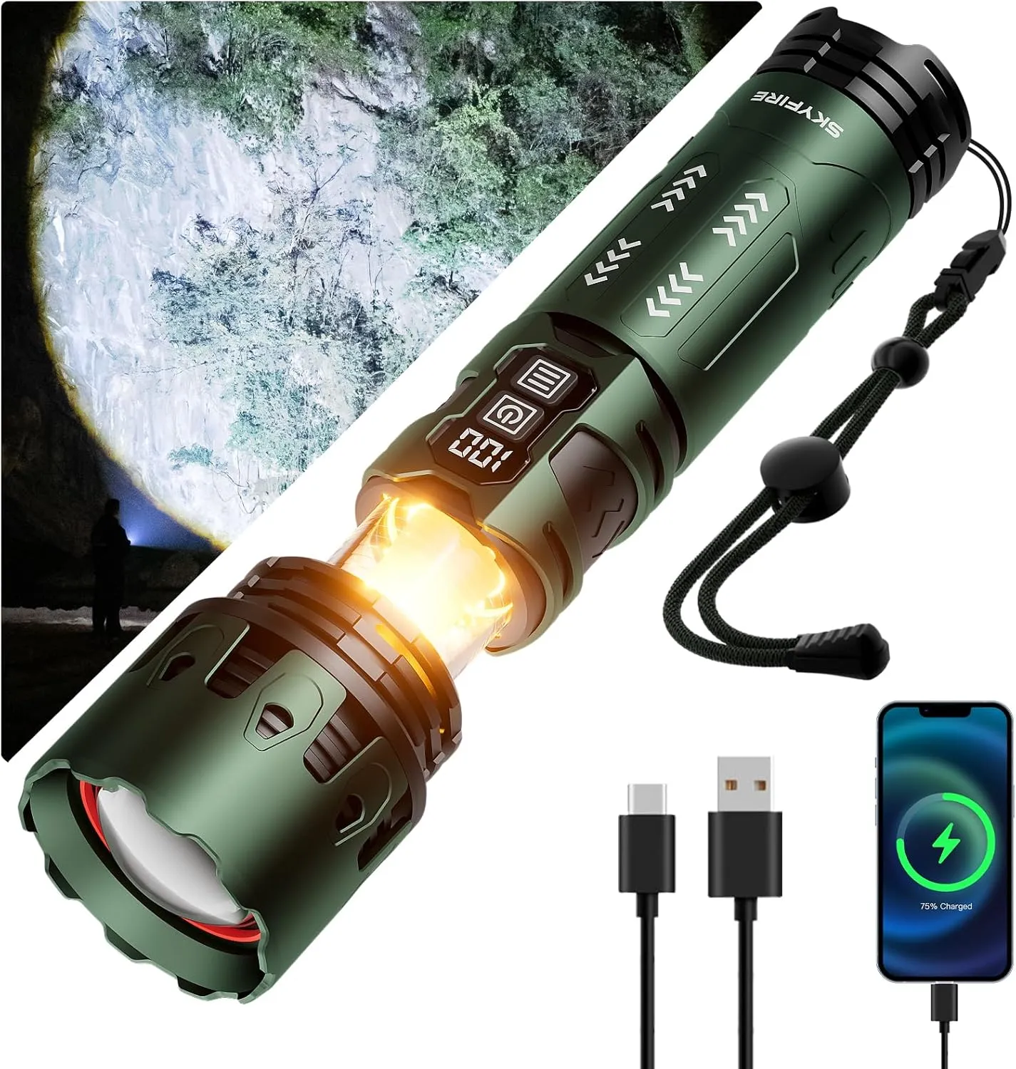 SKYFIRE Flashlights High Lumens, 5000LM Rechargeable Flashlights, Gifts for Men Dad Fathers Day, LED Flashlight with Camping Lights,Outdoor Super Bright Flashlight Handheld flashlights for Emergency