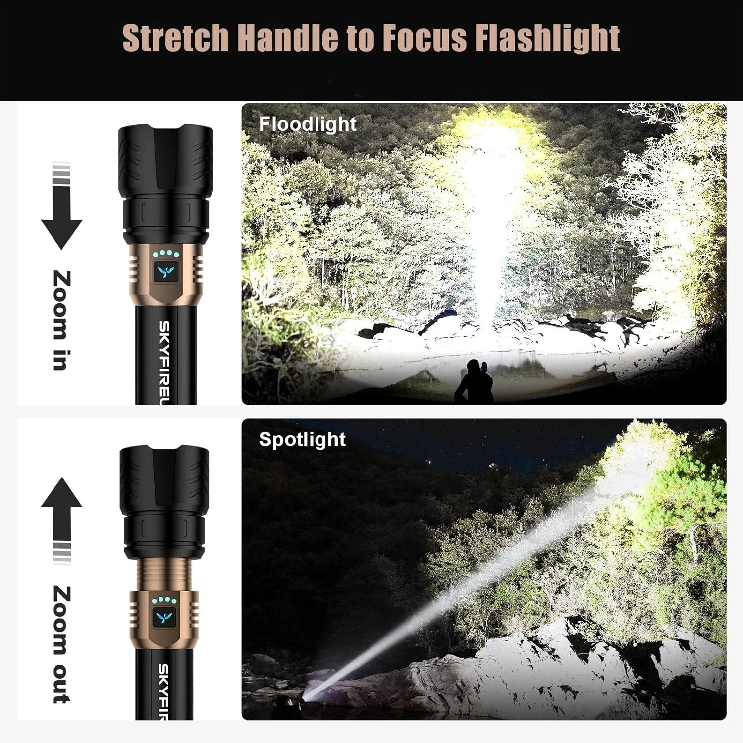 SKYFIRE LED Flashlights High Lumens with Ignition Lens,1500000lm Super Bright Rechargeable Flashlight, Zoomable,Four Modes,Waterproof Tactical Flash Light for Camping Essentials,Outdoor and Home