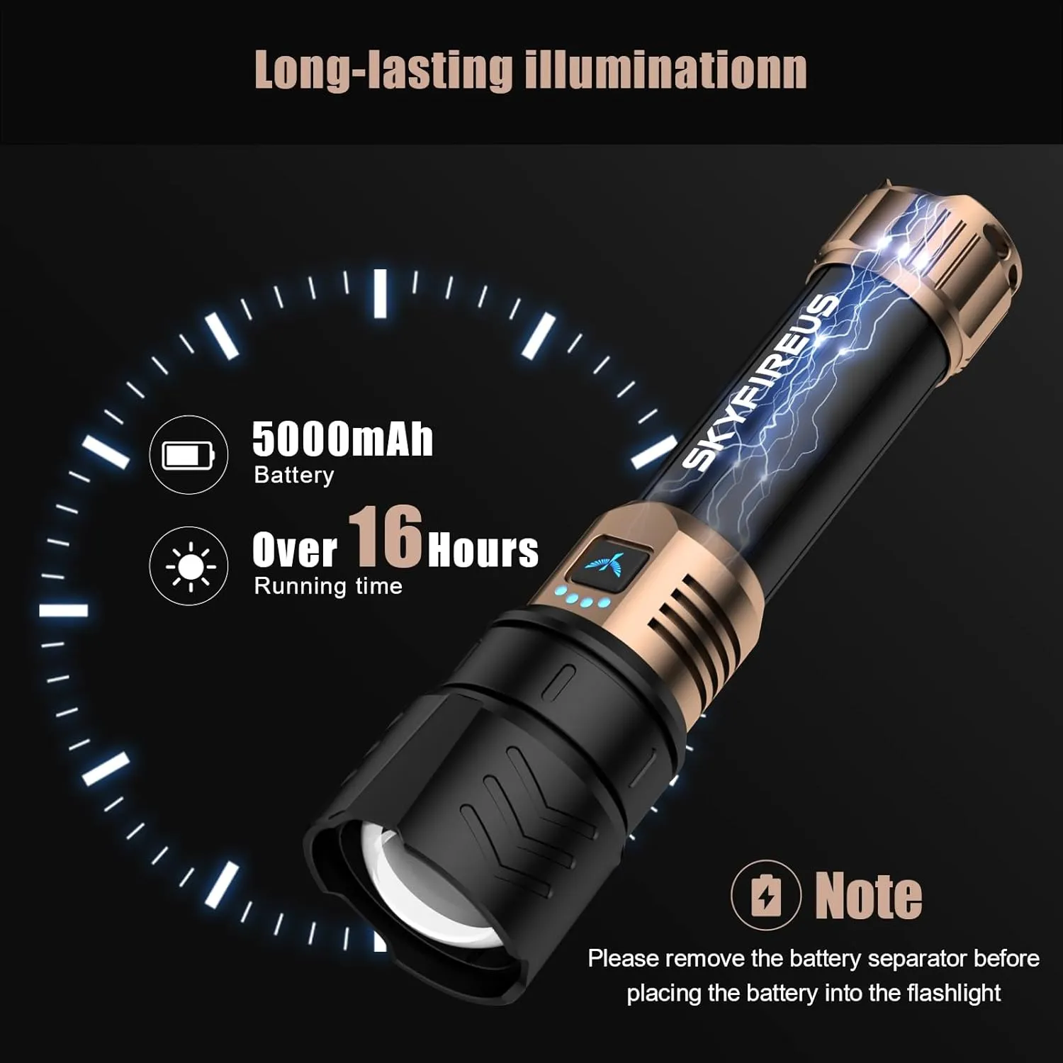 SKYFIRE LED Flashlights High Lumens with Ignition Lens,1500000lm Super Bright Rechargeable Flashlight, Zoomable,Four Modes,Waterproof Tactical Flash Light for Camping Essentials,Outdoor and Home