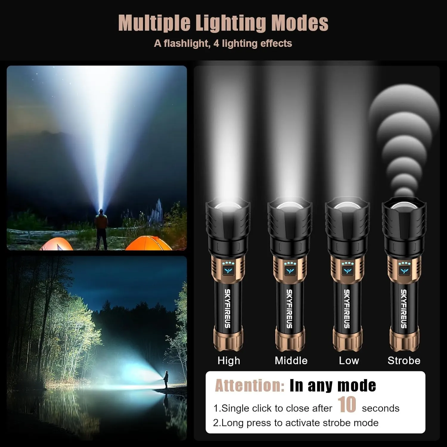 SKYFIRE LED Flashlights High Lumens with Ignition Lens,1500000lm Super Bright Rechargeable Flashlight, Zoomable,Four Modes,Waterproof Tactical Flash Light for Camping Essentials,Outdoor and Home