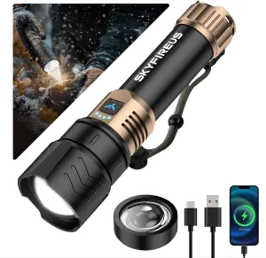SKYFIRE LED Flashlights High Lumens with Ignition Lens,1500000lm Super Bright Rechargeable Flashlight, Zoomable,Four Modes,Waterproof Tactical Flash Light for Camping Essentials,Outdoor and Home