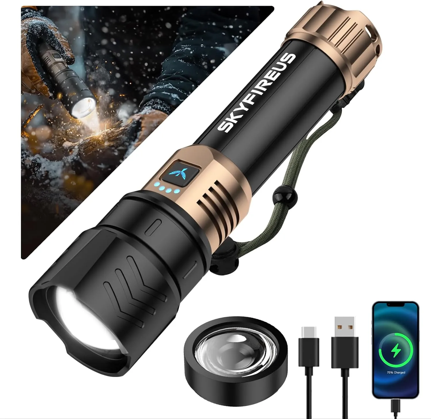 SKYFIRE LED Flashlights High Lumens with Ignition Lens,1500000lm Super Bright Rechargeable Flashlight, Zoomable,Four Modes,Waterproof Tactical Flash Light for Camping Essentials,Outdoor and Home