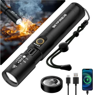 SKYFIRE LED Rechargeable Flashlight with Ignition Lens,Super Bright Tactical Flashlights High Lumens,Five Modes,Camping Flash Light for Outdoor,Emergency-Black