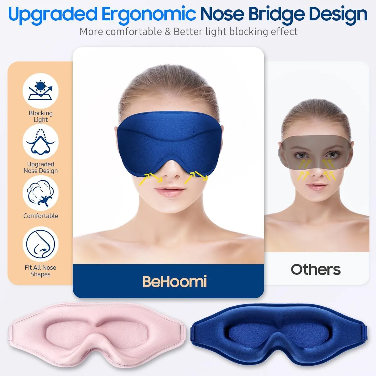 Sleep Mask, 2 Packs Premium Eye Mask for Sleeping, Total Blackout, Superior Soft Comfort, Upgraded 3D Ergonomic Designed Sleeping Mask for Home, Office, Travel, Meditation, Yoga, Blue & Pink