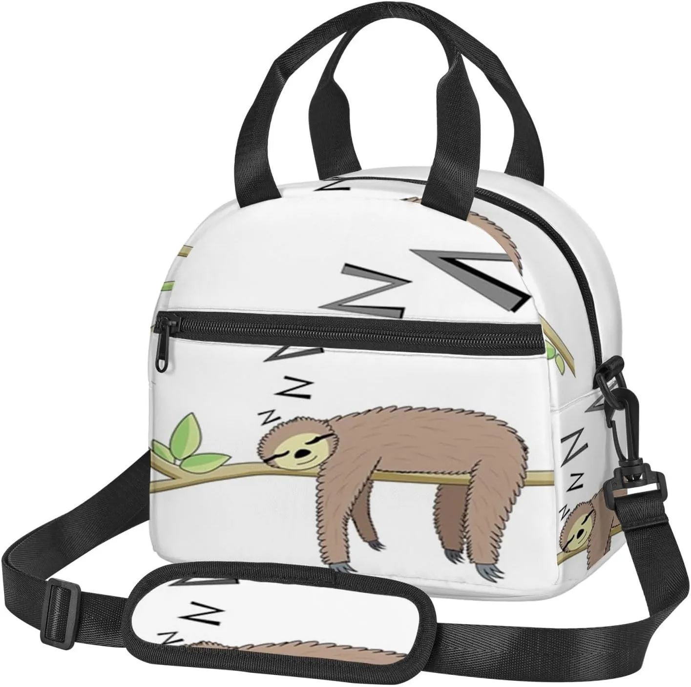 Sleeping Sloth,Insulated Reusable Lunch Bag with Adjustable Shoulder Strap for Adults,Arboreal Mammal Sleeping on Branch,Leakproof Office Picnic Hiking Beach Tote Bag,Brown,9x5x7.8in