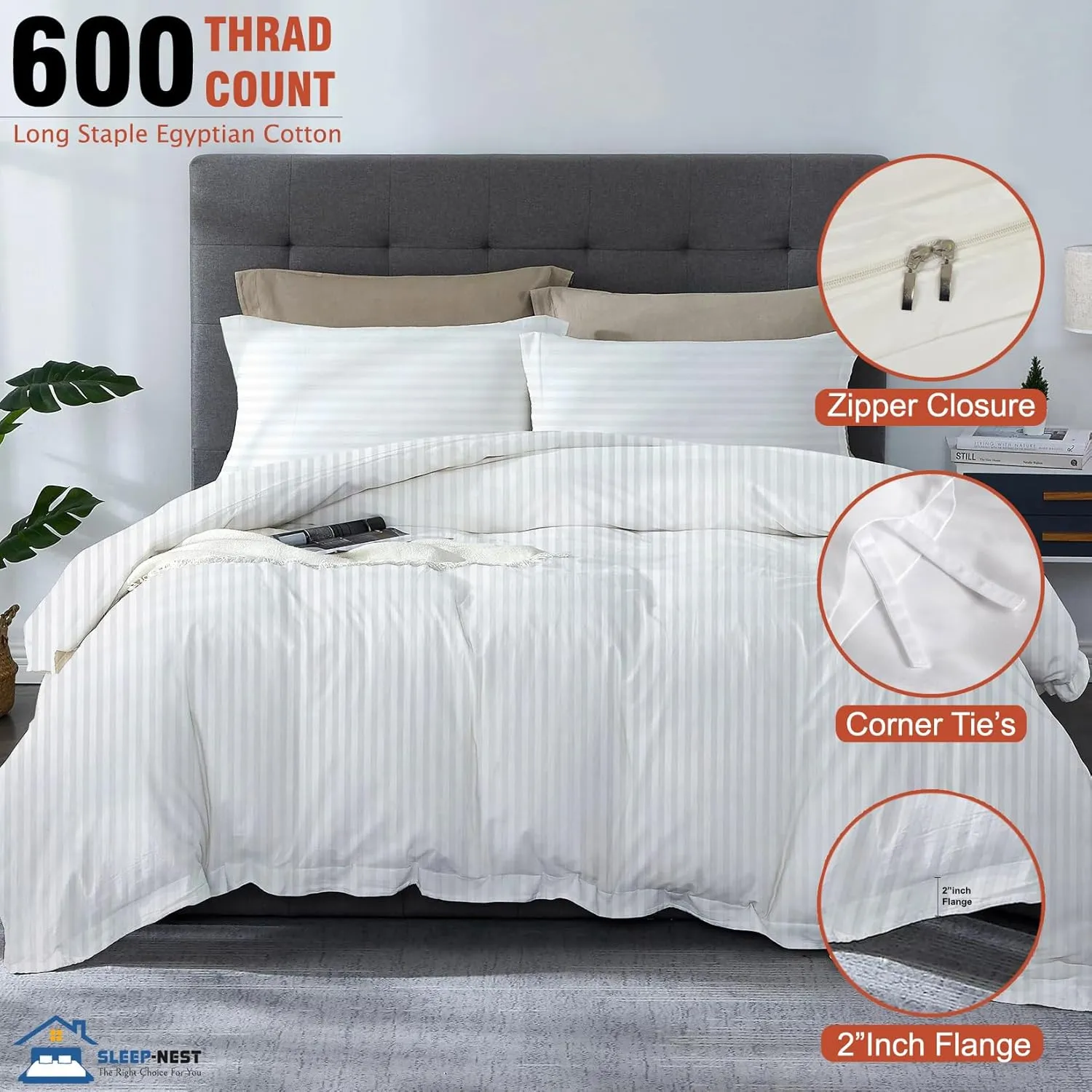 SLEEPNEST Duvet Cover Set Super King Size 108 x 98 inches, 3 Pieces All Season, Ultra Soft 100% Pure Cotton, Hotel Collection 600TC Duvet Cover Set with Zipper Closure - Breathable, White Stripe