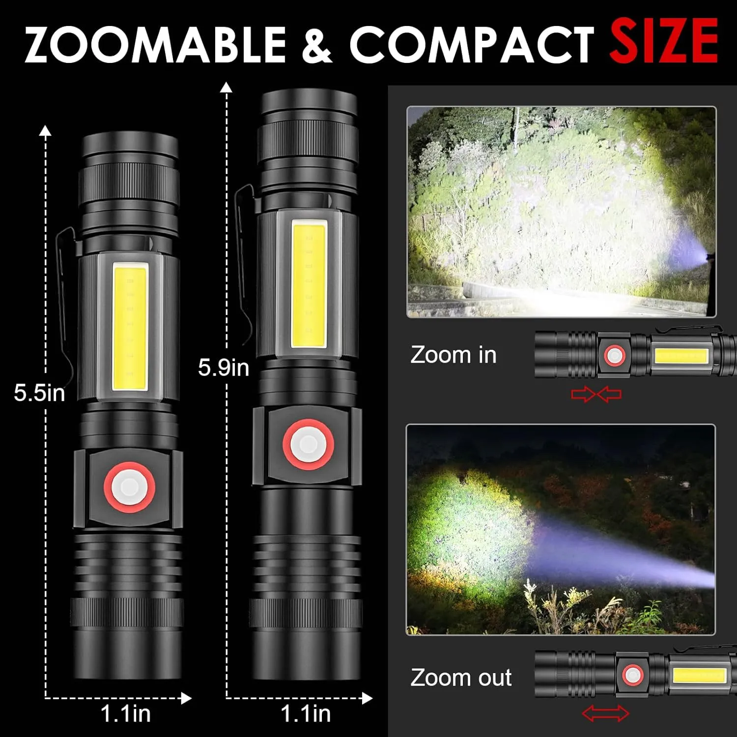 Small Flashlight Rechargeable, 1000 Lumens Super Bright Magnetic LED Flashlights with COB Sidelight, 4 Modes, Waterproof, Zoomable Pocket Tactical Flash Light for Camping Emergency 2 Pack