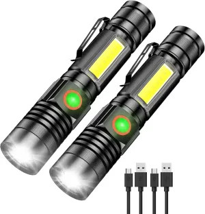 Small Flashlight Rechargeable, 1000 Lumens Super Bright Magnetic LED Flashlights with COB Sidelight, 4 Modes, Waterproof, Zoomable Pocket Tactical Flash Light for Camping Emergency 2 Pack