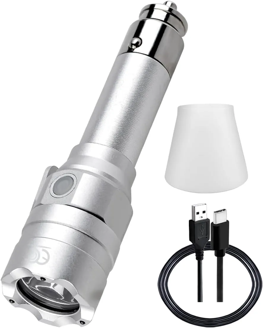 Small Flashlight Rechargeable with Diffuser 12 Volt Car Cigarette Lighter & USB C Charge for Auto Vehicles Emergency, Car Escape, Outdoors, Daily Use