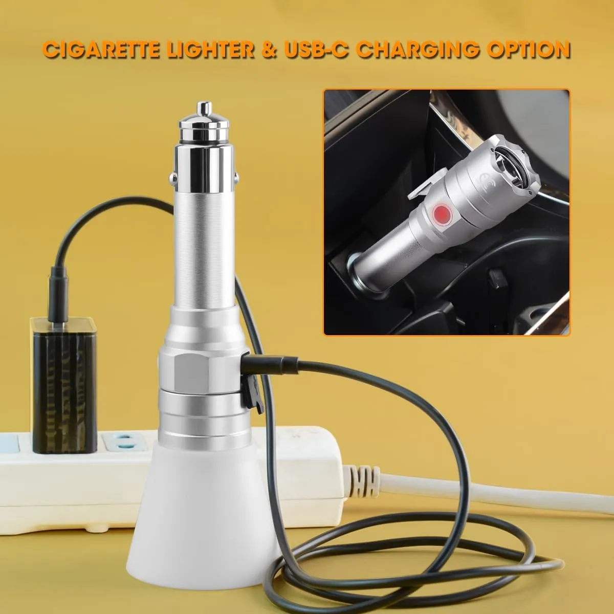 Small Flashlight Rechargeable with Diffuser 12 Volt Car Cigarette Lighter & USB C Charge for Auto Vehicles Emergency, Car Escape, Outdoors, Daily Use