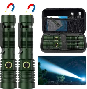 Small Tactical Flashlights High Lumens - 1500 Meters Long Beam Super Bright LED Magnetic Flashlight USB Rechargeable Zoomable 5Modes Long Beam Spotlight Flashlight for Hiking, Camping-Dark Green