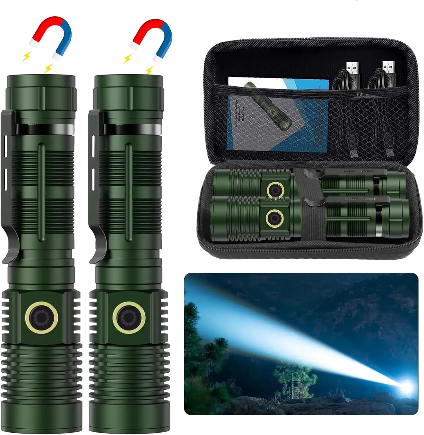 Small Tactical Flashlights High Lumens - 1500 Meters Long Beam Super Bright LED Magnetic Flashlight USB Rechargeable Zoomable 5Modes Long Beam Spotlight Flashlight for Hiking, Camping-Dark Green