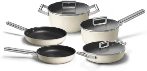 SMEG 8PC Non-Stick Cookware Set Cream, 3 QT Sauce pan with Lid, 9.5" Frypan, 11" Frypan, 5 QT Casserole with lid, 4 QT Deep Pan with lid